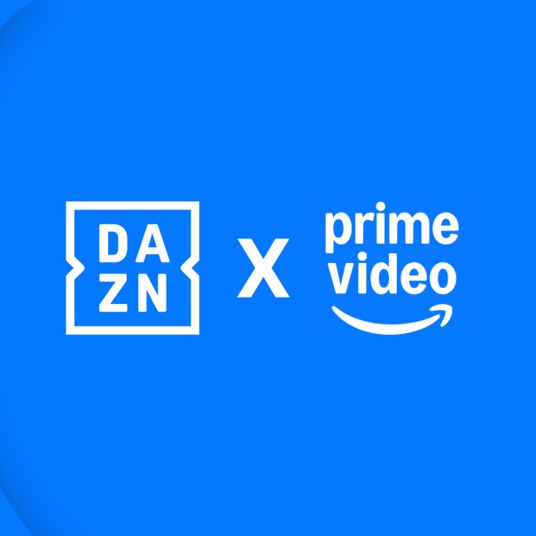 DAZN and Prime Video logos on blue background
