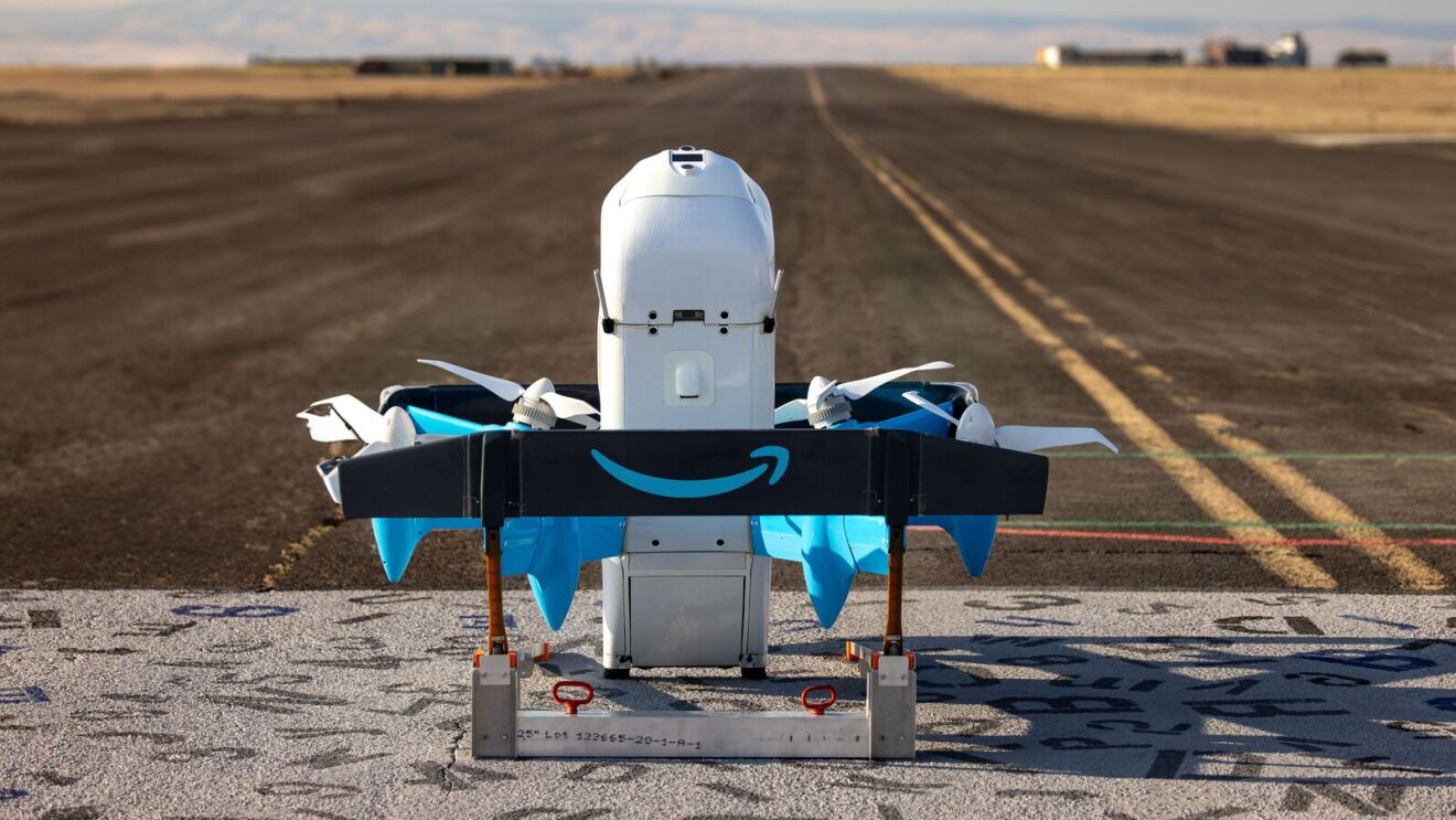 Exterior shot of the Prime Air MK30 delivery drone on an airstrip.