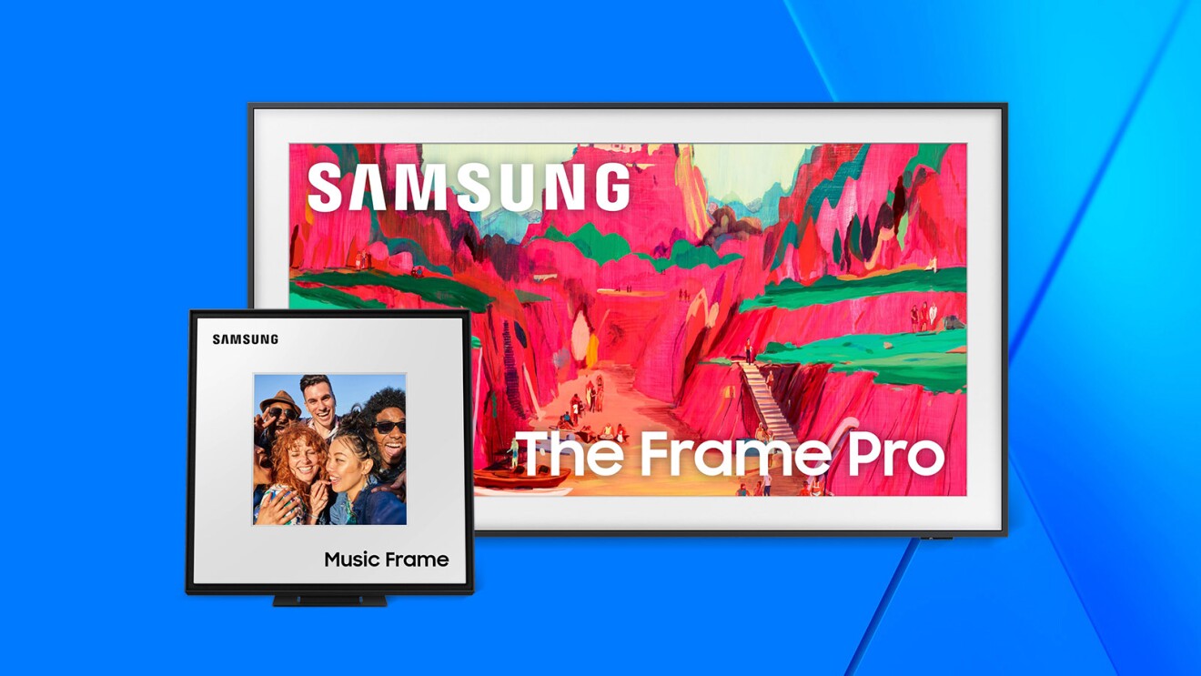 Samsung's The Frame Pro and Music Frame displays showcasing vibrant artwork