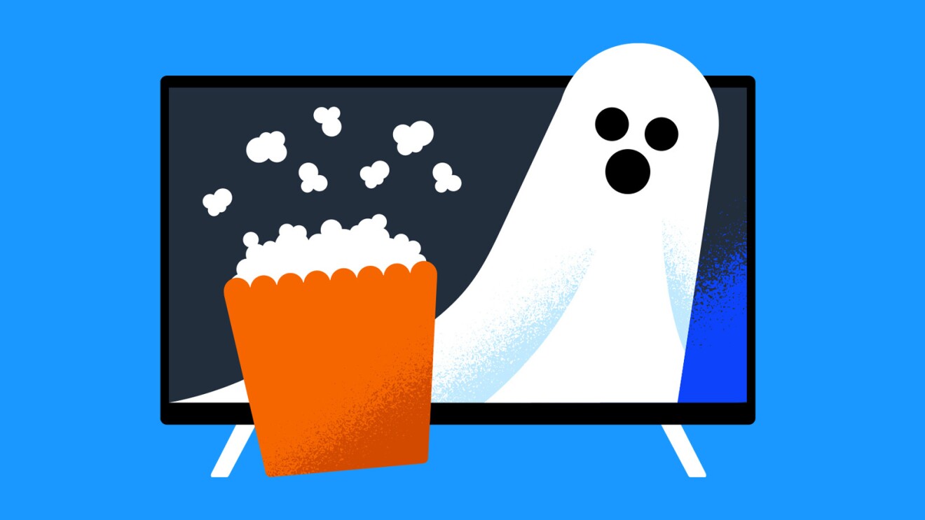 illustration of a ghost popping out of a tv screen and bowl of popcorn in front of the screen to represent prime video credits you can earn during prime big deal days 