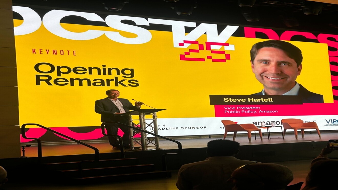 Keynote opening remarks at DCSTV conference with Amazon VP on stage
