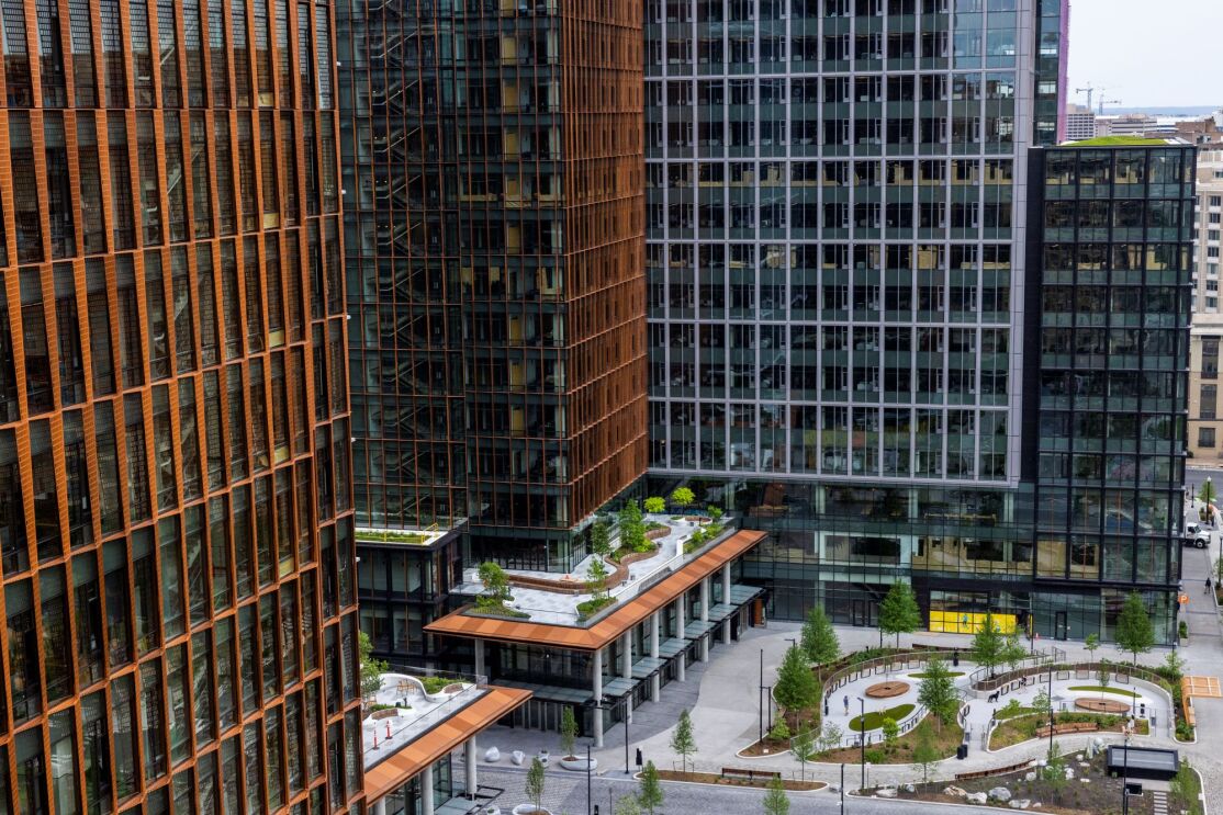 An aerial view of a park in front of Amazon's headquarters in Arlington, VA.