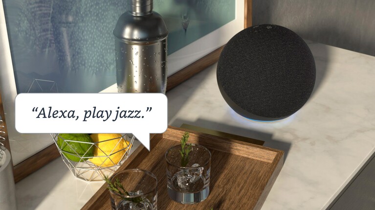 An Echo device with a word bubble reading, "Alexa, play jazz."