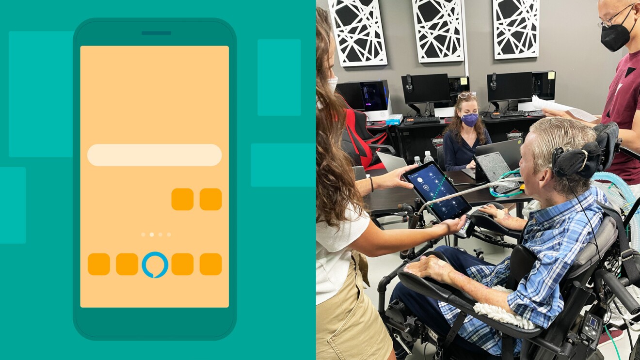 A collage of an illustrated image of the Alexa app shown on a phone on the left, and the right shows a person using Alexa accessibility features through Amazon's Fire tablet. 