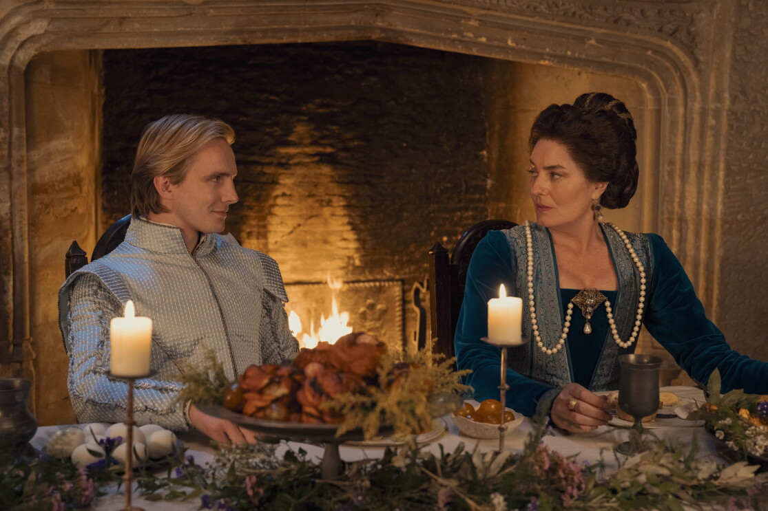 Henry Ashton as Stan Dudley and Anna Chancellor as Frances Grey in 'My Lady Jane' on Prime Video