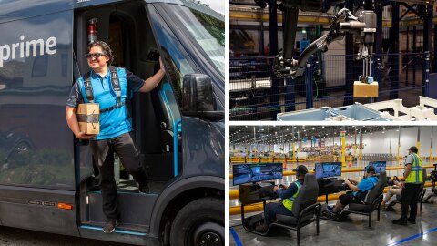 Amazon Prime delivery driver exiting van with package, robotic arm in warehouse sorting facility, and VR training for Amazon delivery drivers.