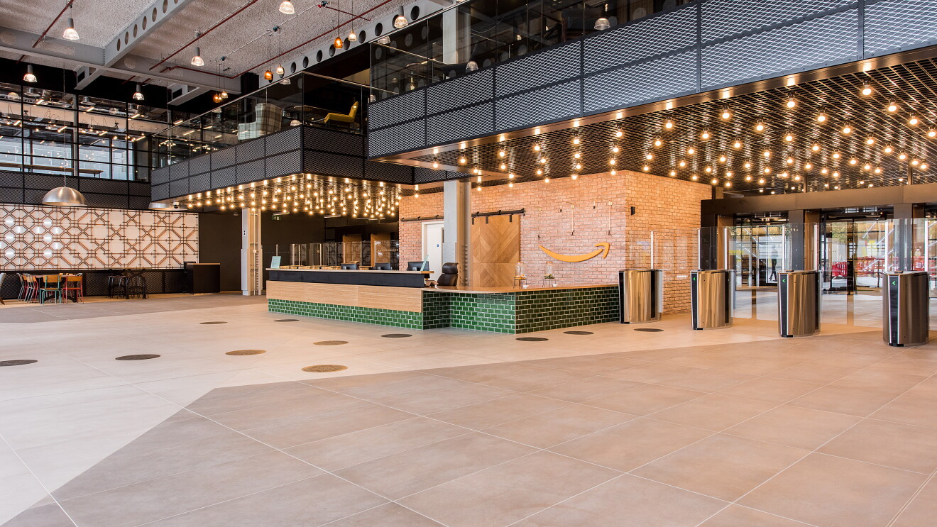 The front entrance to Amazon UK Head Office at Principal Place, London