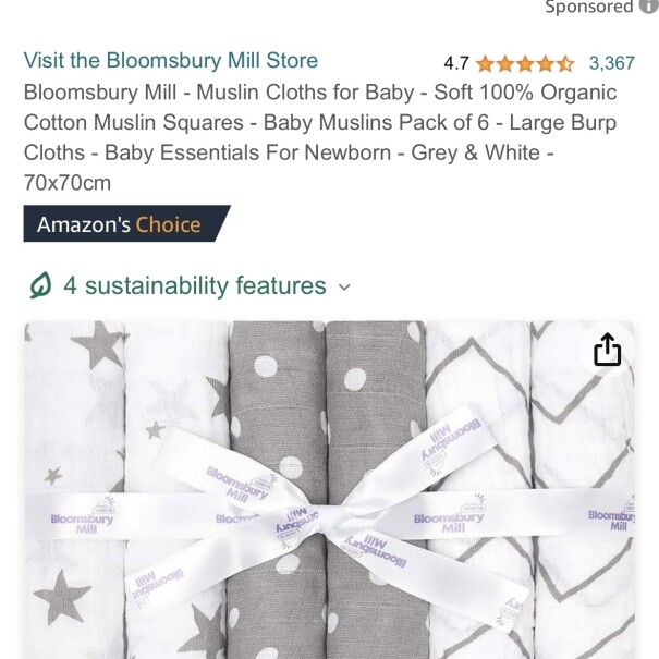 A screenshot of a product on Amazon that has sustainability features.