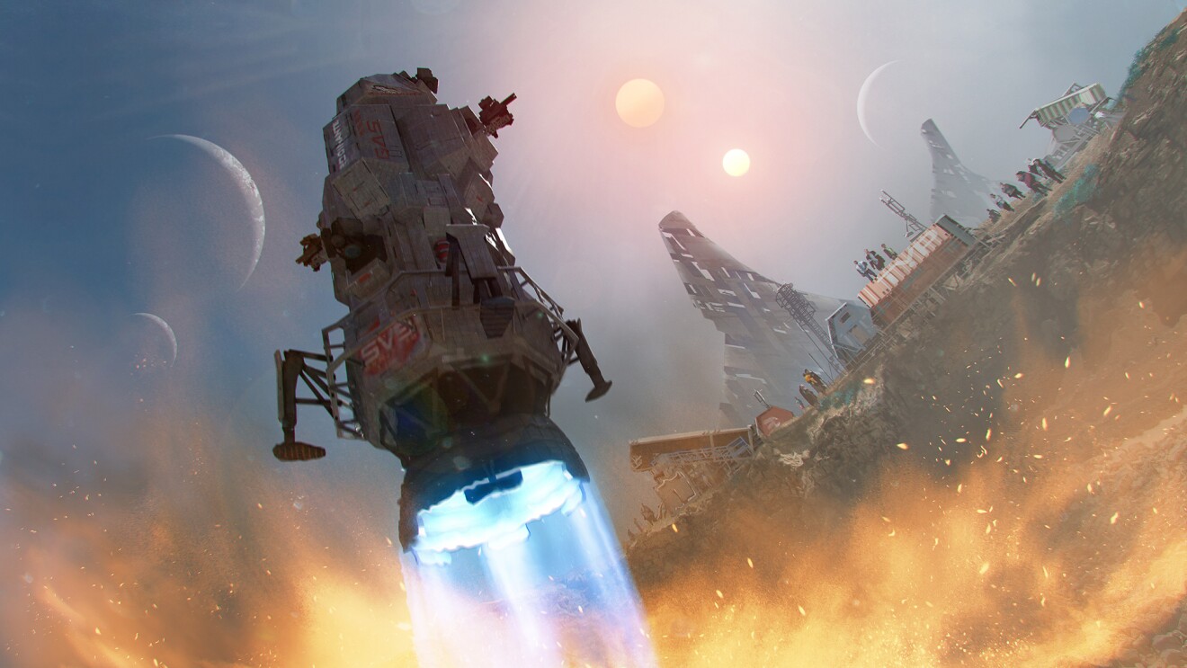 Concept art from The Expanse, showing a key component of the show, the Rocinante, landing.