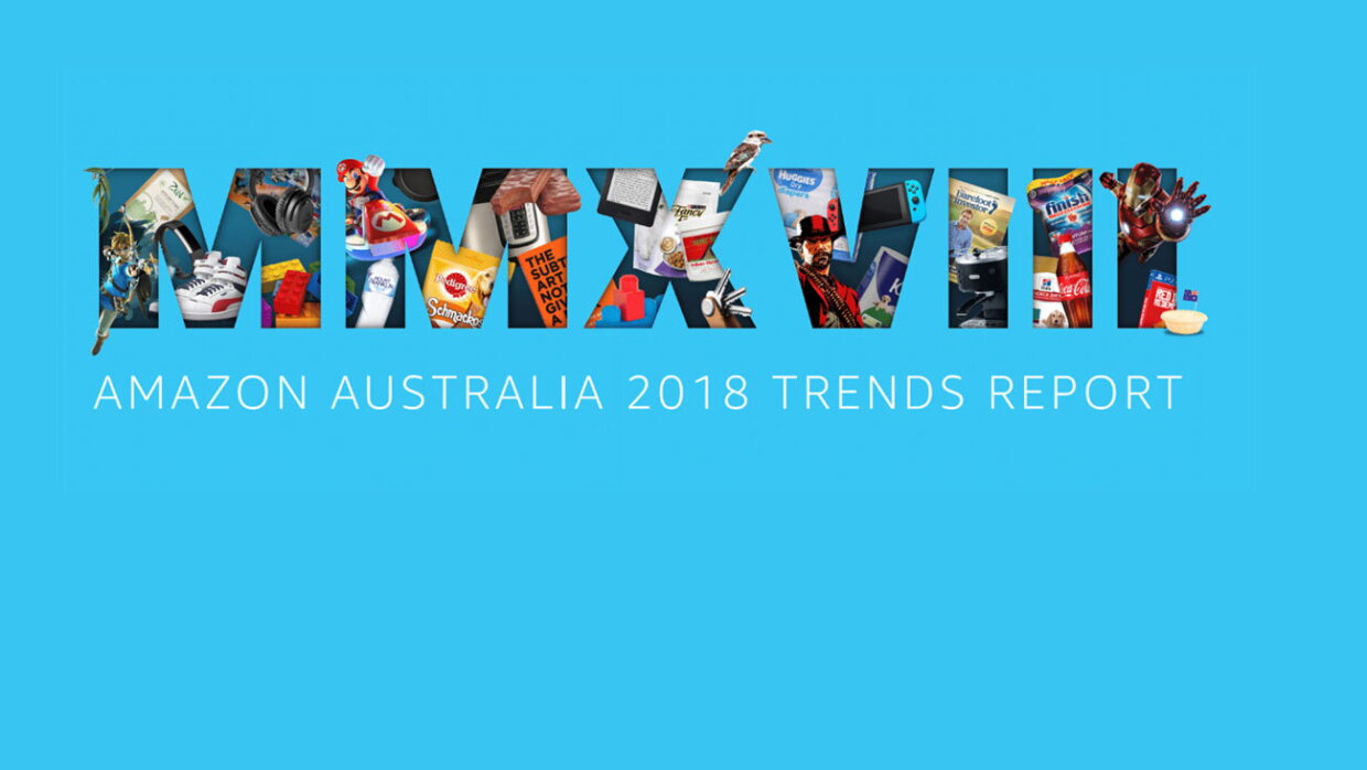 A graphic featuring the roman numerals M M X V I I I with various items featured in the 2018 trends report bursting through the figures and the legend beneath reading "Amazon Australia 2018 Trends Report"