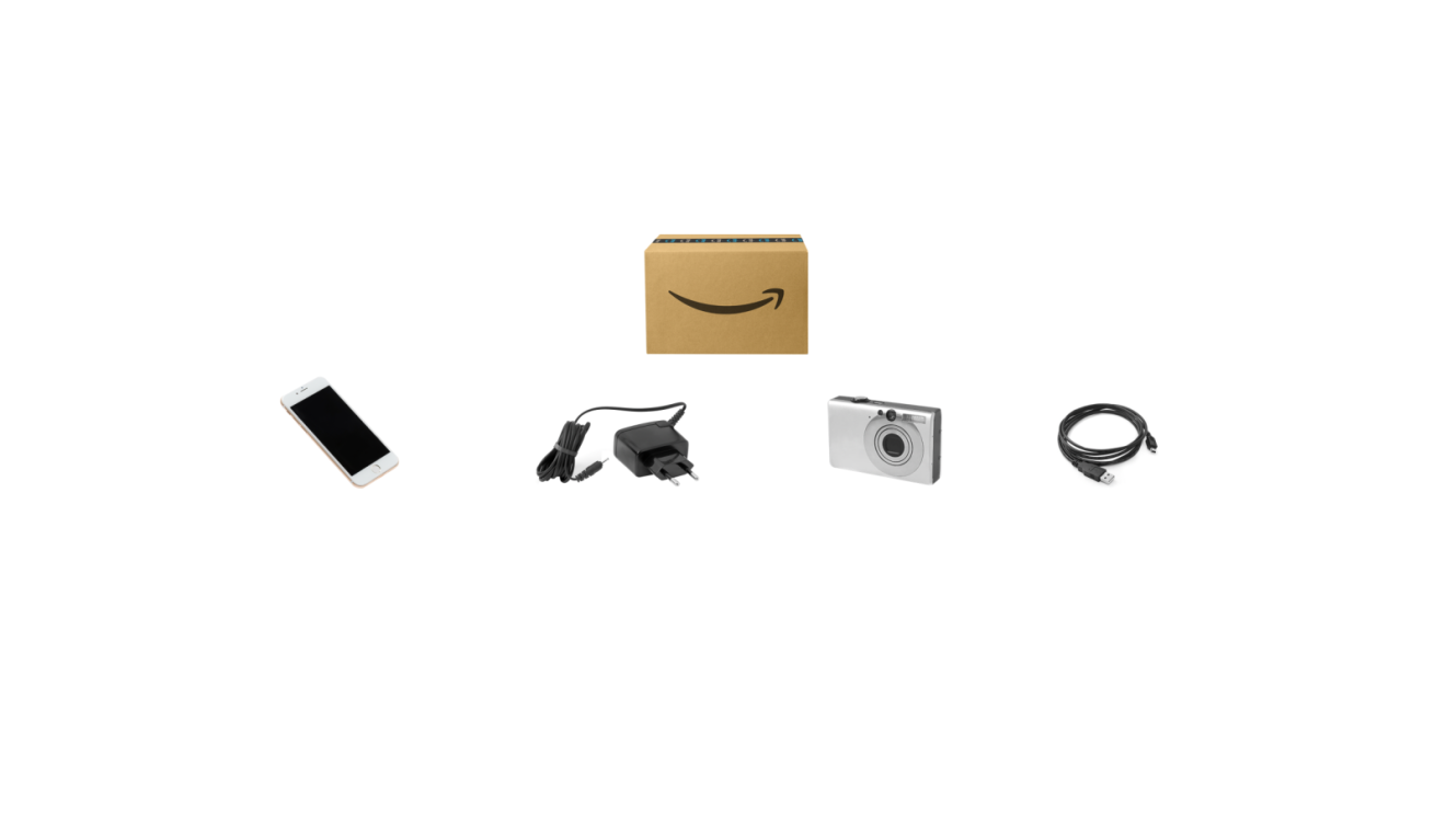 Image of an Amazon box, a cellphone, charger, digital camera, and cables.