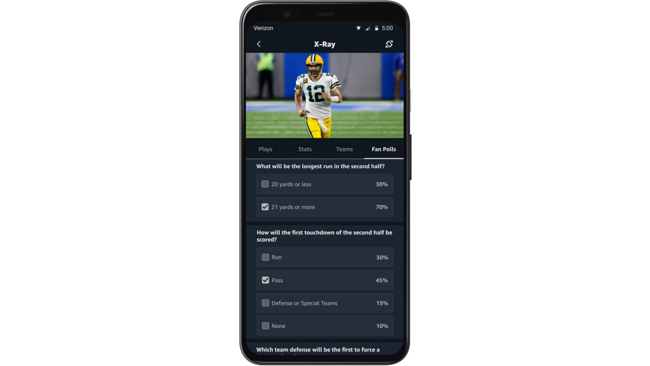 A screenshot of the new polling feature for NFL games on Prime Video.