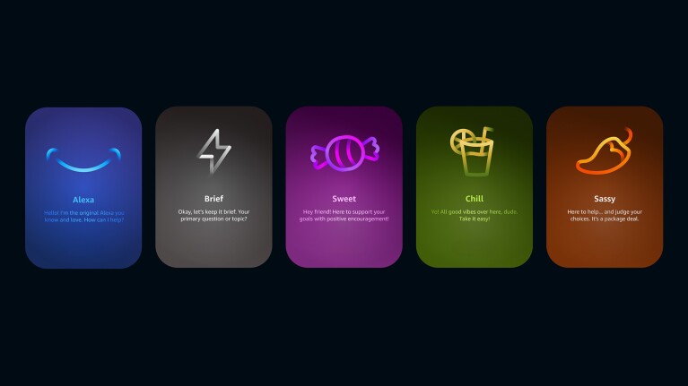 Five colorful cards showing different AI assistant personalities: Alexa, Brief, Sweet, Chill, and Sassy