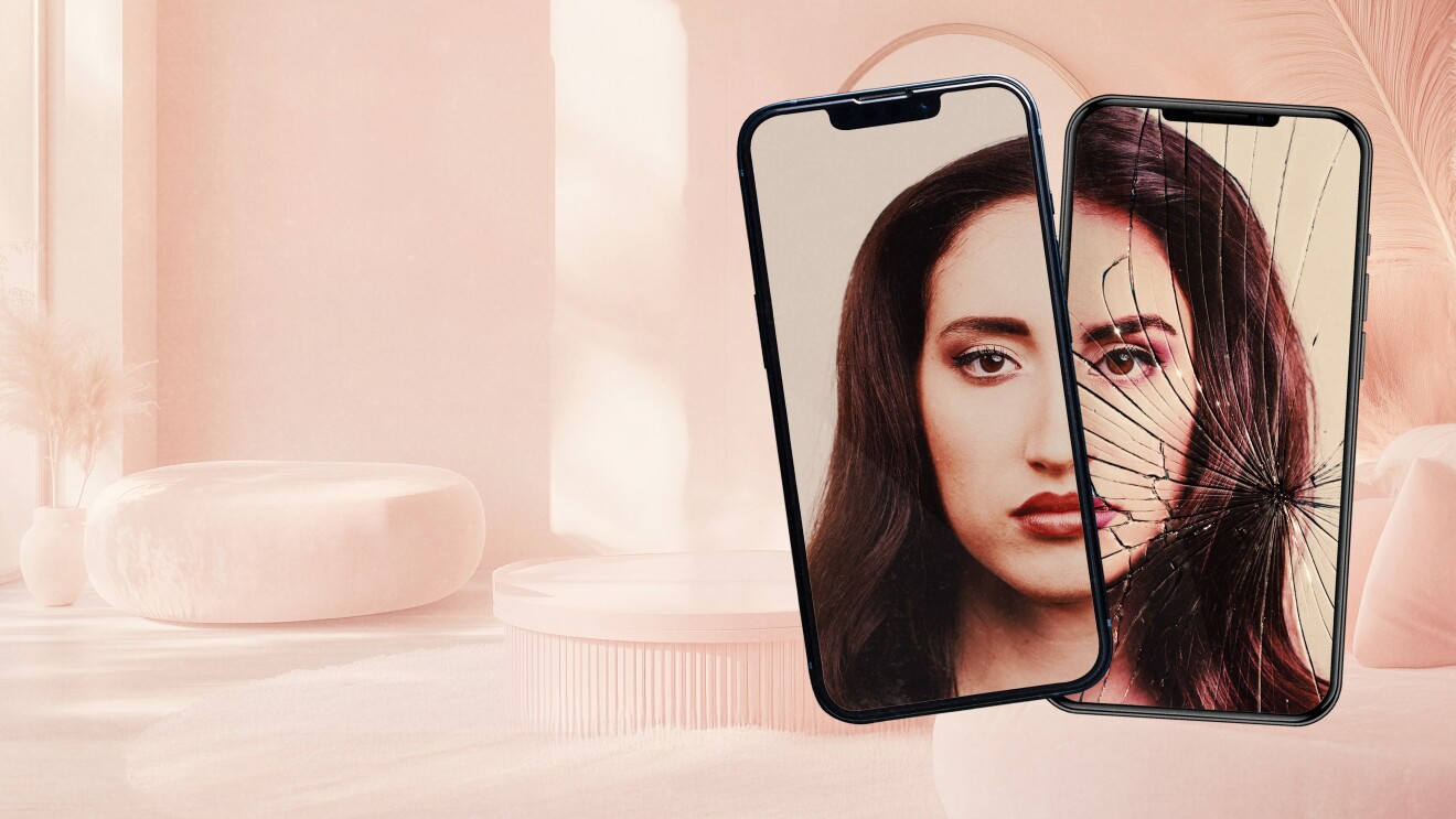 Zwei Smartphones, die ein geteiltes Porträt mit zerbrochenem Bildschirmeffekt anzeigen
