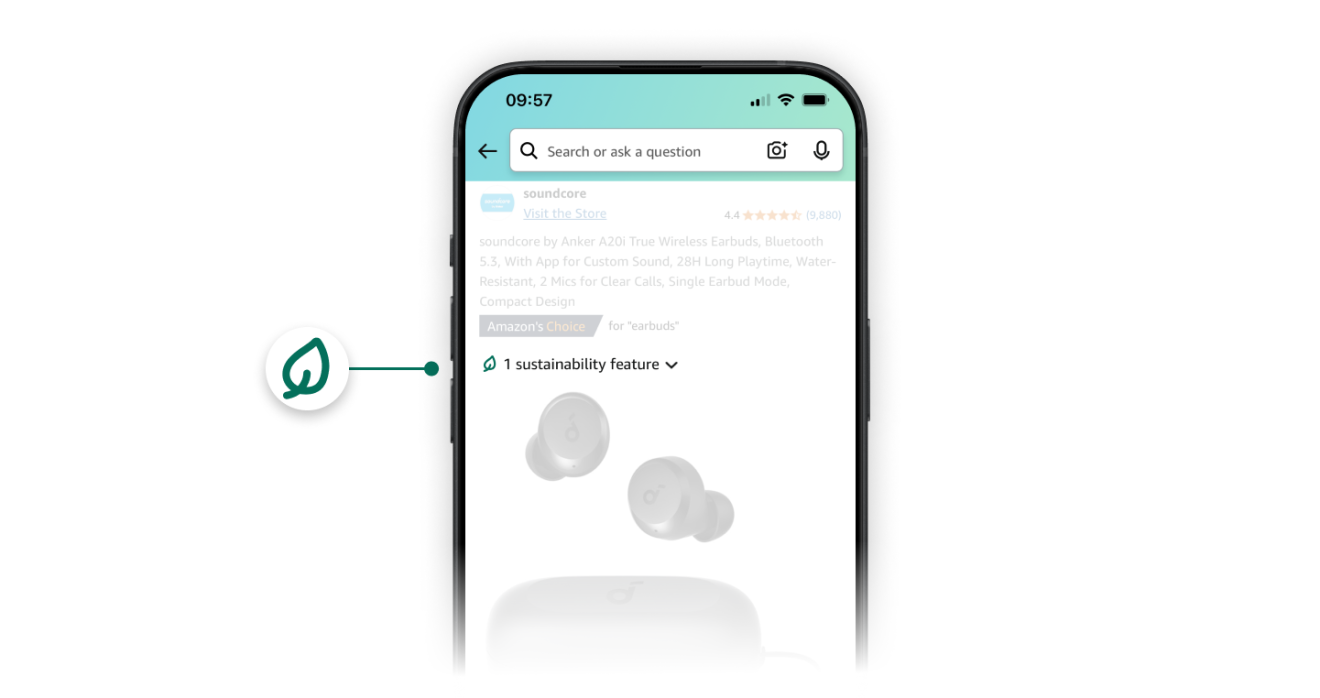 Climate pledge friendly badge shown on the Amazon app on a smartphone