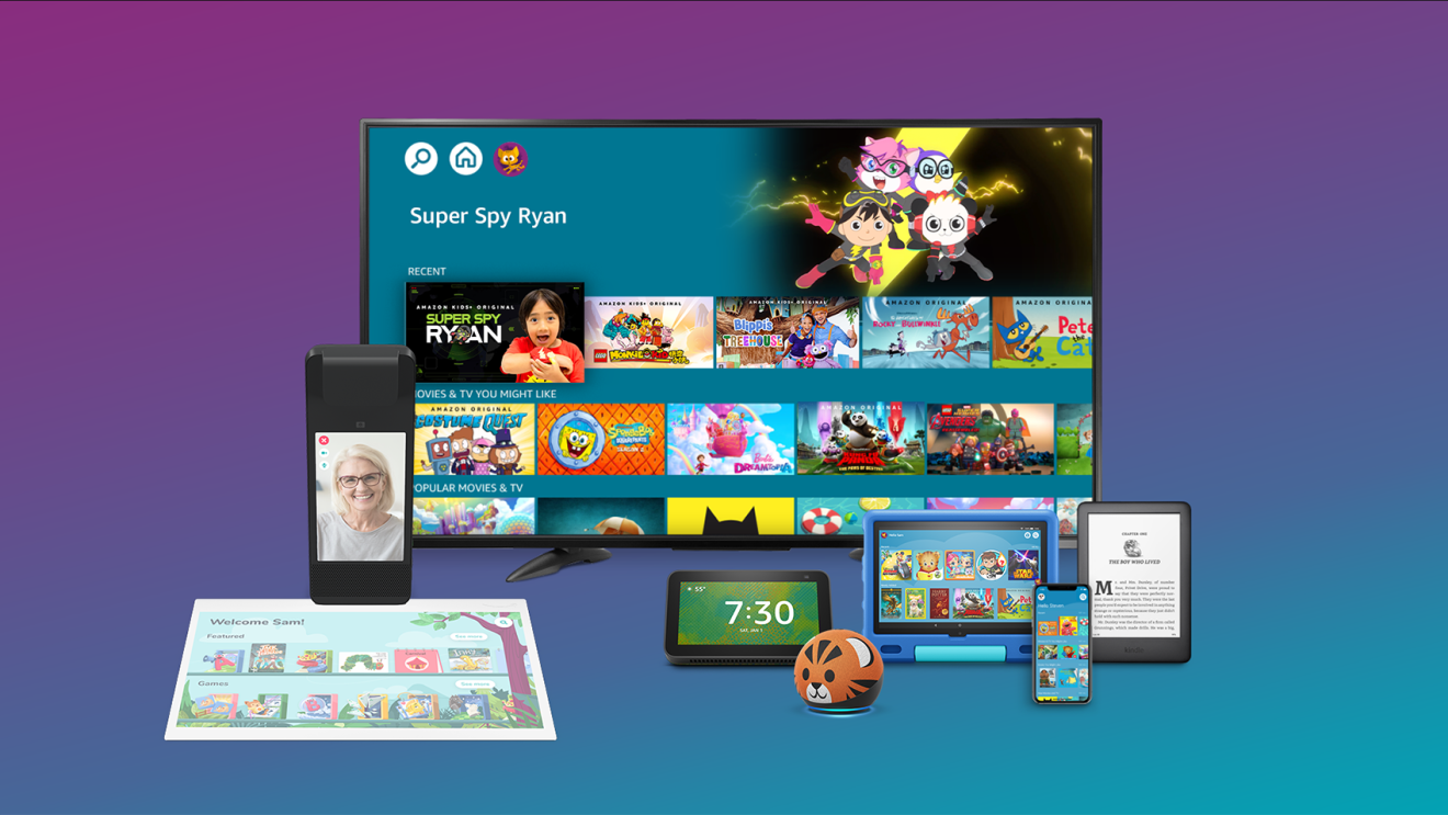 图为Echo设备和后面的电视。后面的电视上有多个儿童节目可供选择。