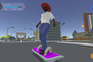 A screenshot of the AWS Cloud Quest game of a character riding a skateboard.