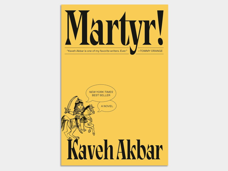 Book cover of 'Martyr!' by Kaveh Akbar, featuring yellow background