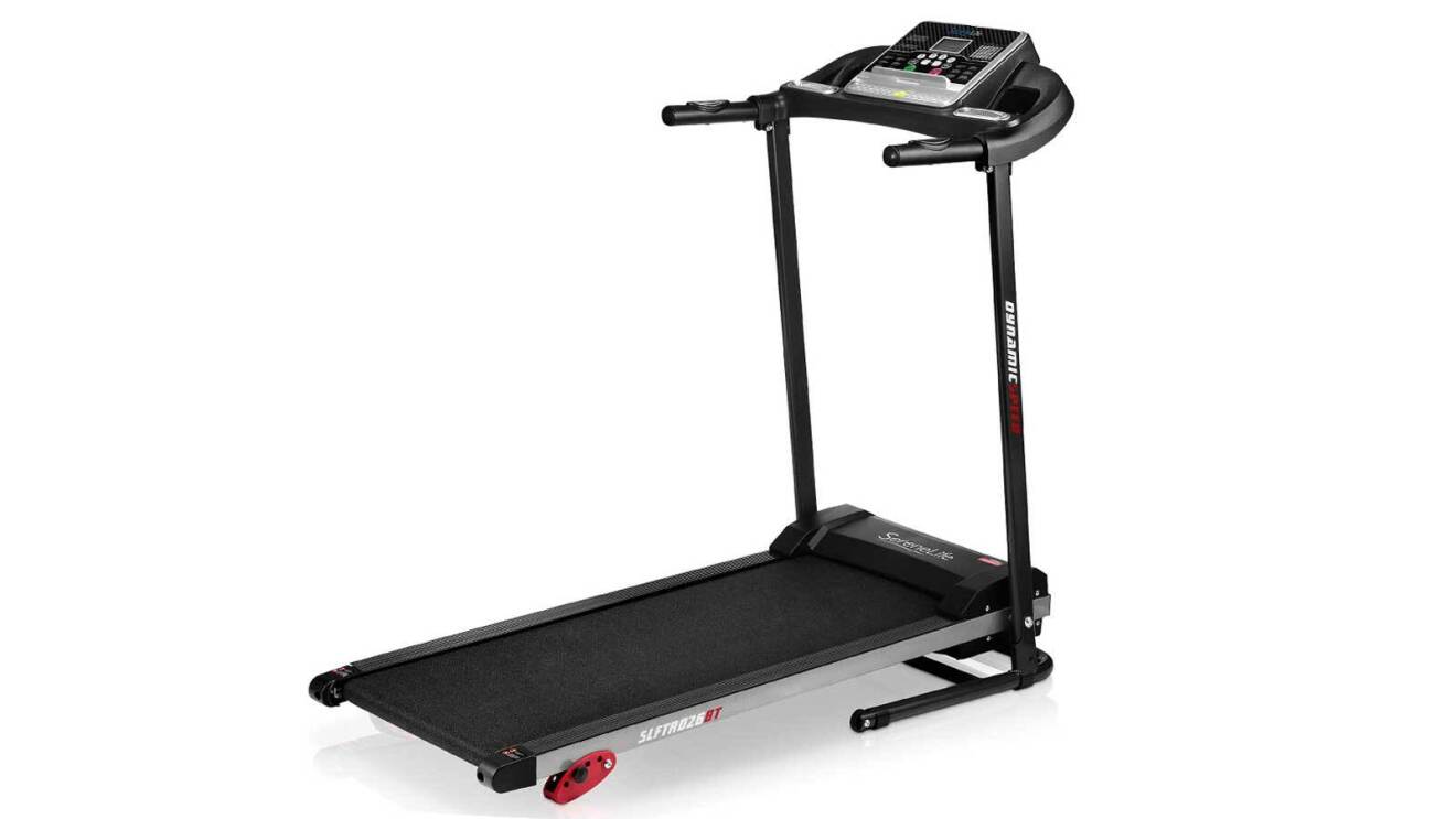 The treadmill from Serene life. It is mostly black with a silver base and a red detail on the bottom. There is a control panel with buttons and a screen in the middle of the handle at the top.