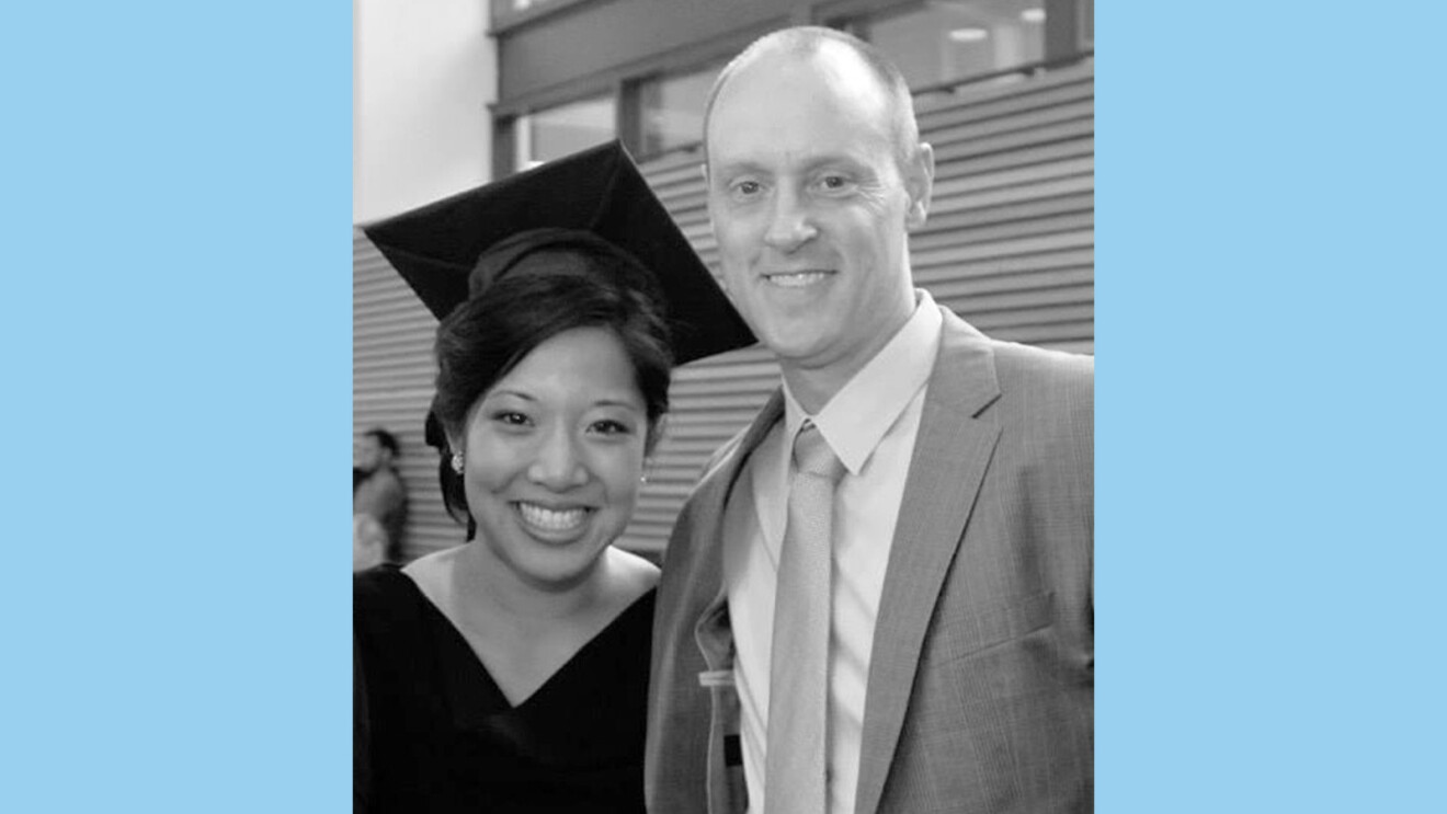 A black and white image of Janet T. Phan and her mentor from college on a light blue background. 