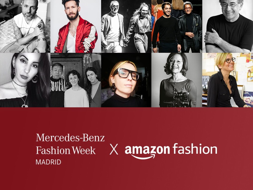 El texto de la foto en blanco es el siguiente: Mercedes-Benz Fashion Week Madrid X Amazon Fashion, La imagen es rectangular. En la mitad superior hay 10 imágenes en forma de rectángulo de diseñadores de moda. Y en la parte inferior y en un fondo rojo, el texto especificado en blanco. 