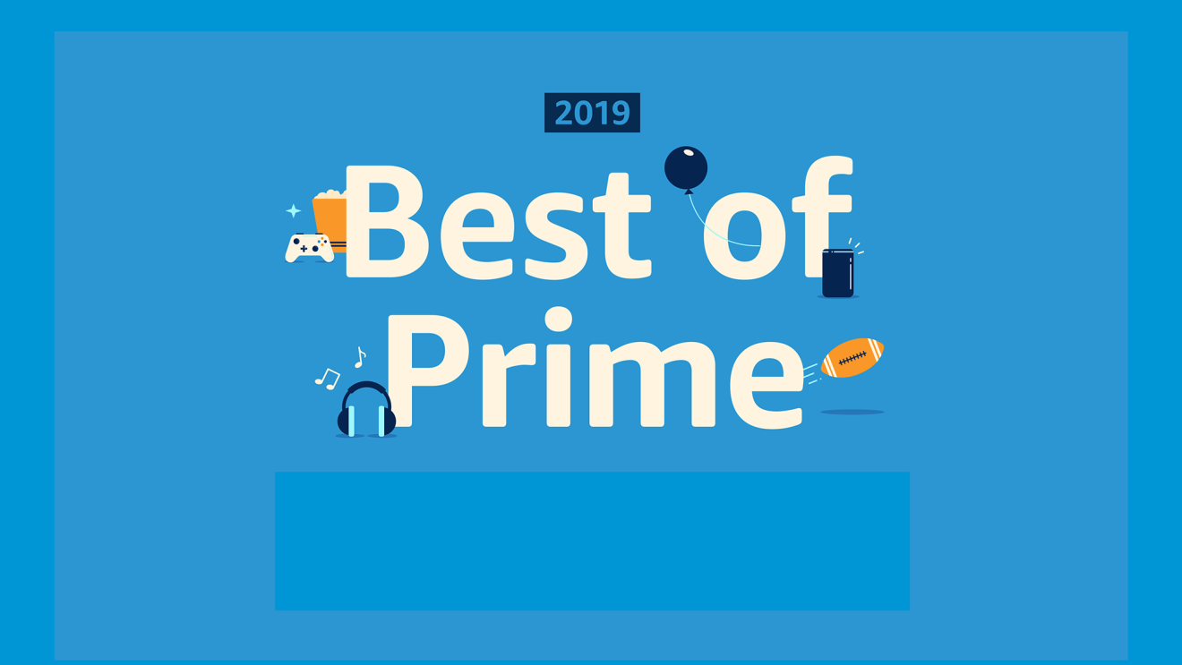A blue background with "Best of Prime 2019" on it. Near the text are icons of a gaming console controller, popcorn, a balloon, football, headphones, and other items.