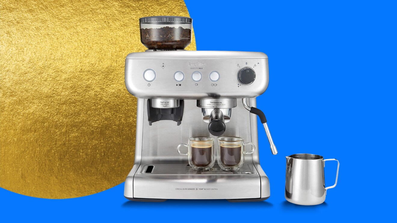 Sleek espresso machine with grinder and milk frother on blue and gold background