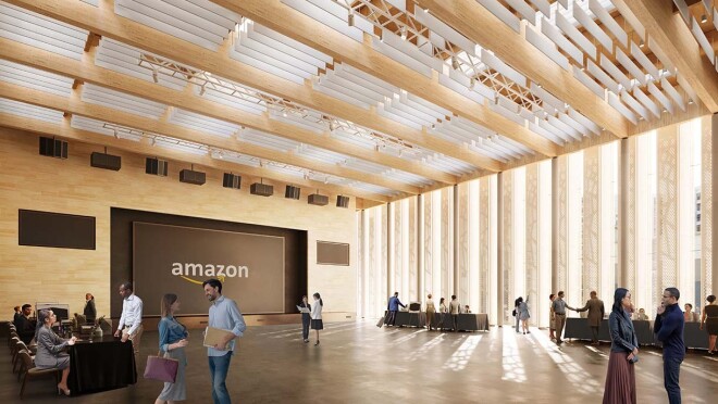 位于弗吉尼亚州阿灵顿的亚马逊第二总部大都会公园的效果图。