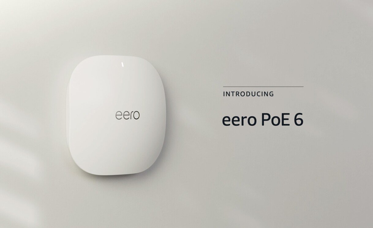 An image of an eero device with a light grey background and text that reads "Introducing eero PoE6."
