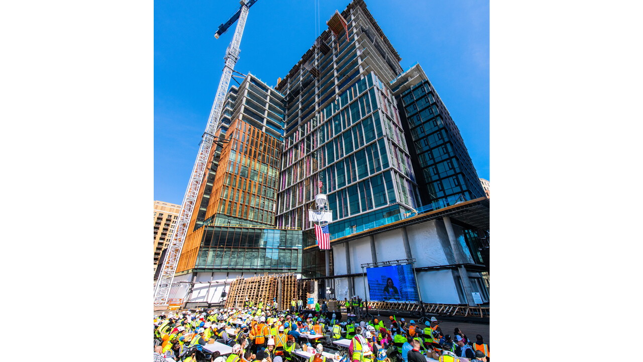 An image of the "top out" event celebration for Amazons HQ2's Met Park.