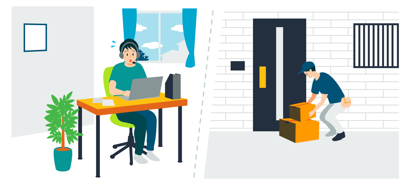 自宅で仕事をしている男性と玄関の前で配達品を置く男性