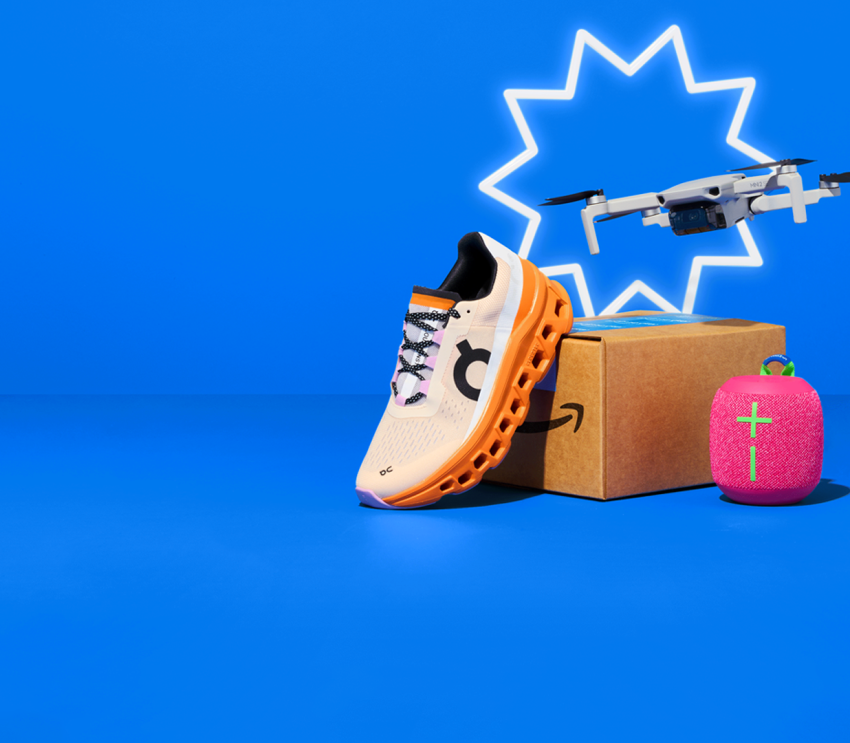 Prime Day Marketing images with boxes and colorful products ranging from shoes to cameras and waterbottles.