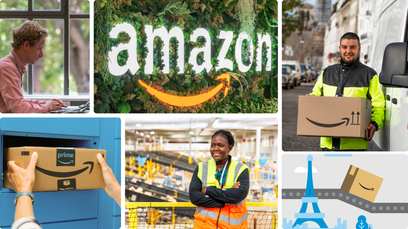 Groupe d'images représentant Amazon en France, avec des employés et le bureau parisien 