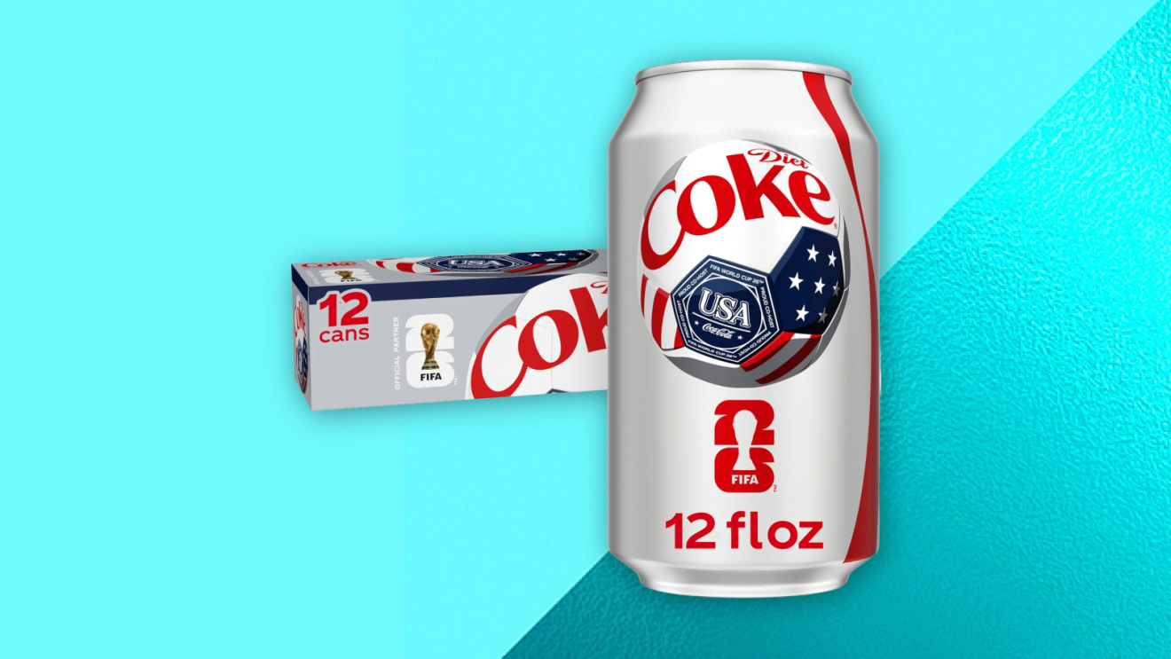 A can of Diet Coke against a teal blue backdrop.