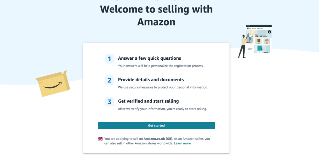 A screenshot of the set up page to get started with selling on Amazon