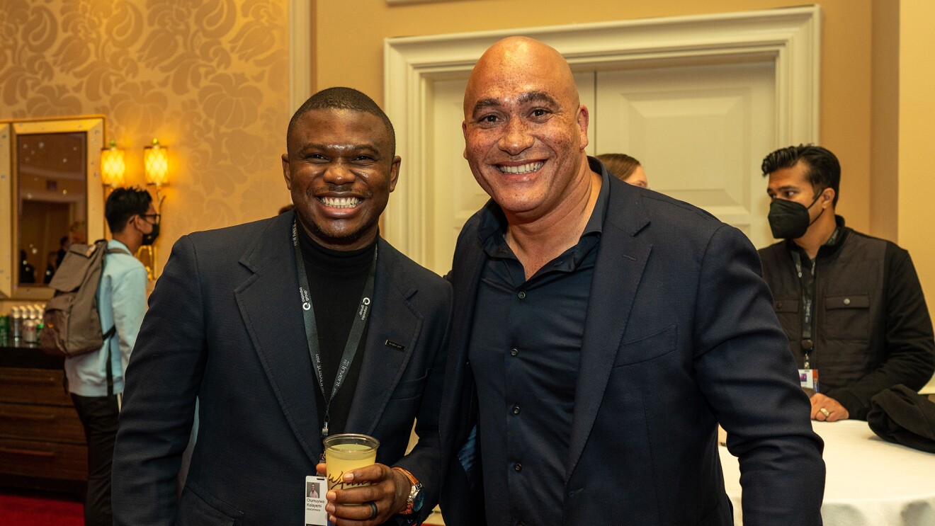 Cloud systems engineer and All Builders Welcome Program grantee Olumuyiwa Kolayemi with Andy Tay, Senior Managing Director and Global Lead for the Accenture AWS Business Group.