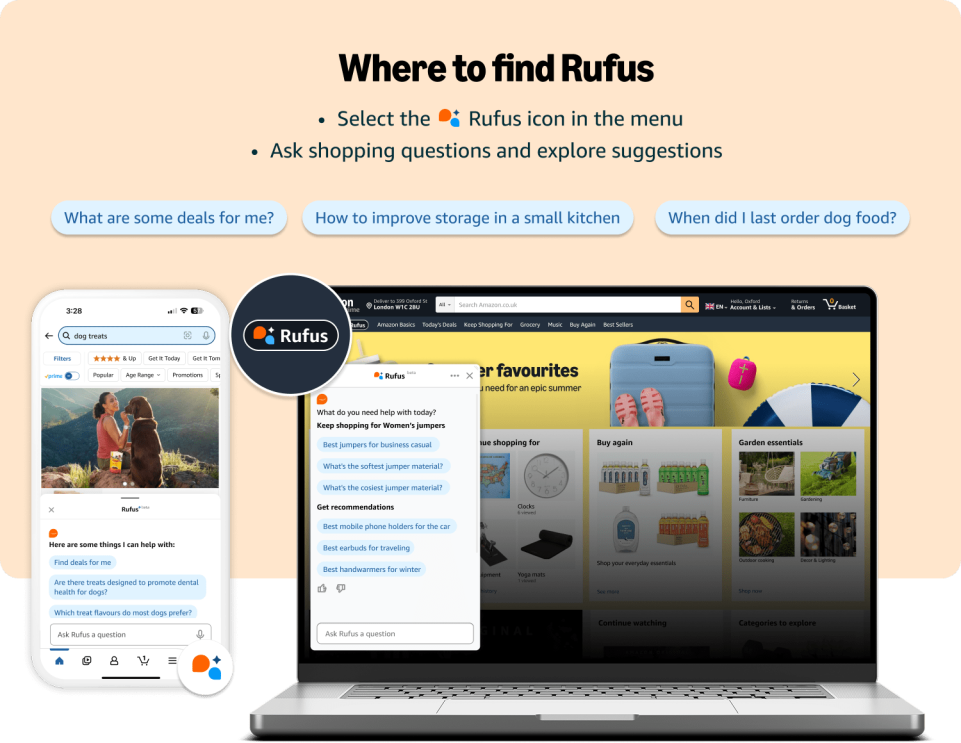 Rufus AI shopping assistant interface on mobile and laptop screens