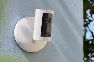 Ring security camera mounted on exterior wall