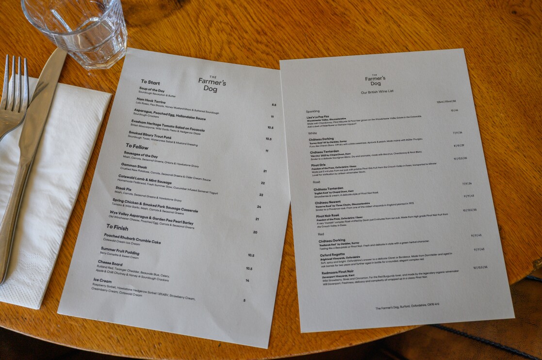 The menu at The Farmer's Dog in Burford, Jeremy Clarkson's proper British pub from Clarkson's Farm season 4