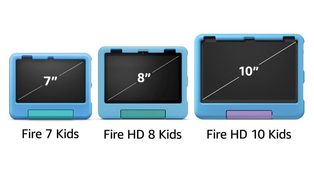 Three Amazon Fire tablets for kids in different sizes: 7, 8, and 10 inches