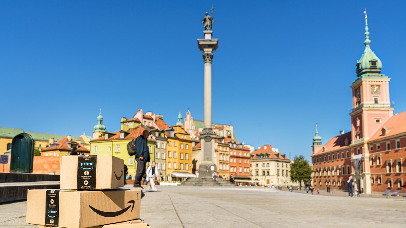 Amazon boxes in city square