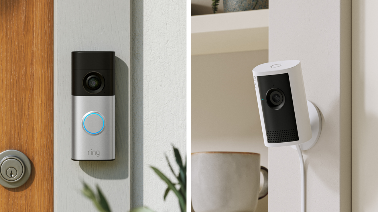 Side by side image of Ring doorbell camera and Ring indoor camera mounted on a wall