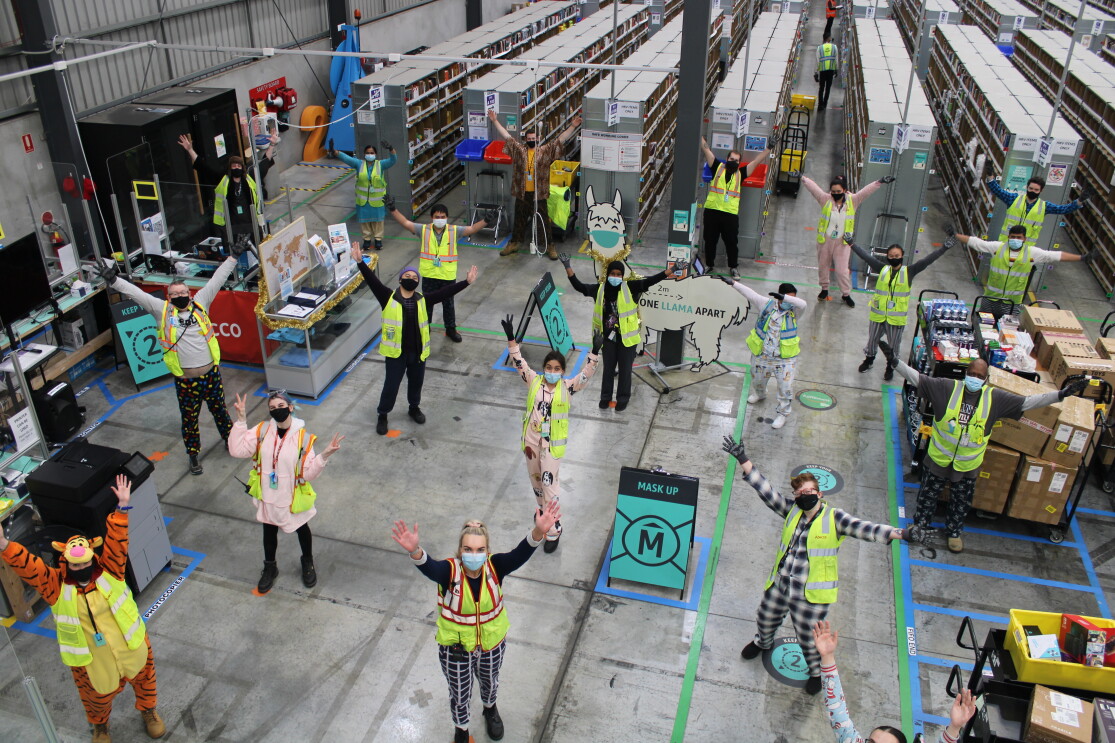 The team at Amazon's Fulfilment Centre in Perth, wearing their favourite PJs
