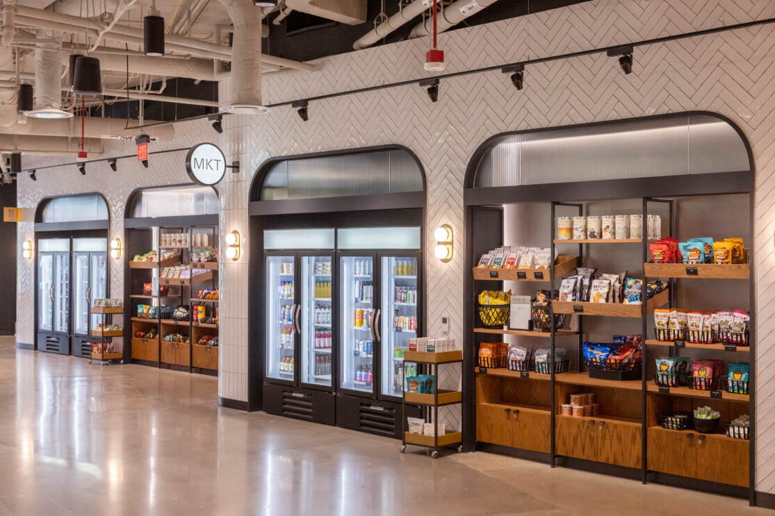 An image of a room with different food and drink items available for purchase at Amazon HQ2
