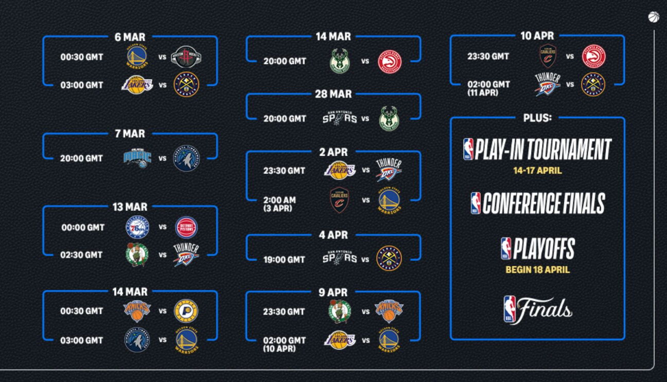NBA-Spielplan mit verschiedenen Team-Begegnungen von März bis April
