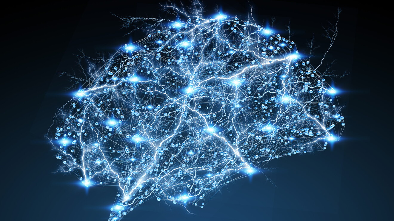 An image that resembles a brain in shape, with points of light along pathways. The background is dark blue.