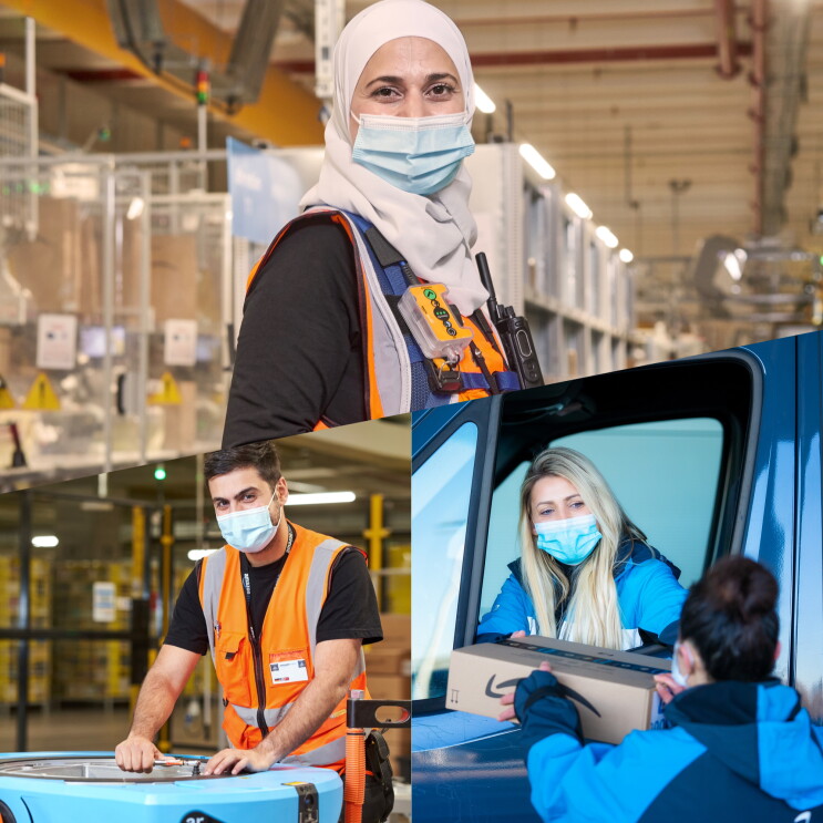 Collage aus Mitarbeiter:innen der Logistik-, Verteil- und Sortierzentren.