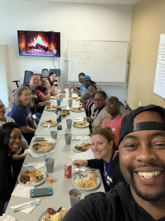 Amazon associates at CLT celebrate with a meal. 