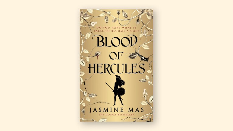 Book cover of 'Blood of Hercules' by Jasmine Mas against gold background with silhouette of warrior