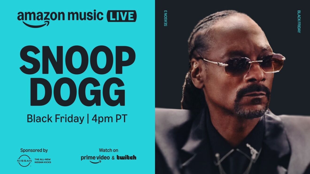 A graphic for an episode "Amazon Music Live" featuring Snoop Dogg for Black Friday at 4 p.m. PT.